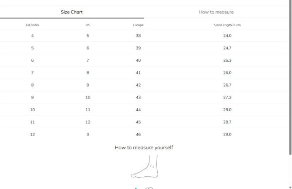 Vibe Walk footwear size chart